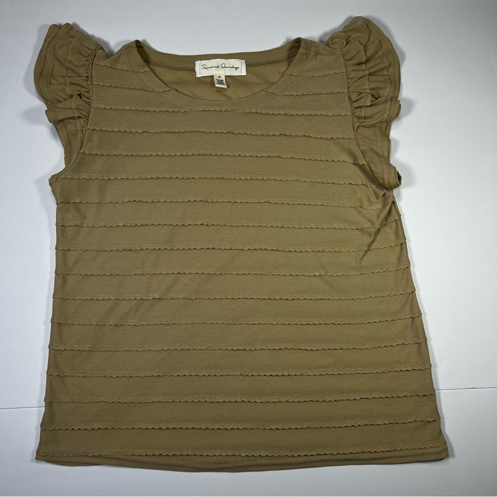 French Laundry Sz M Tan Ruffle Sleeve Top Textured Stripe Blouse Casual
